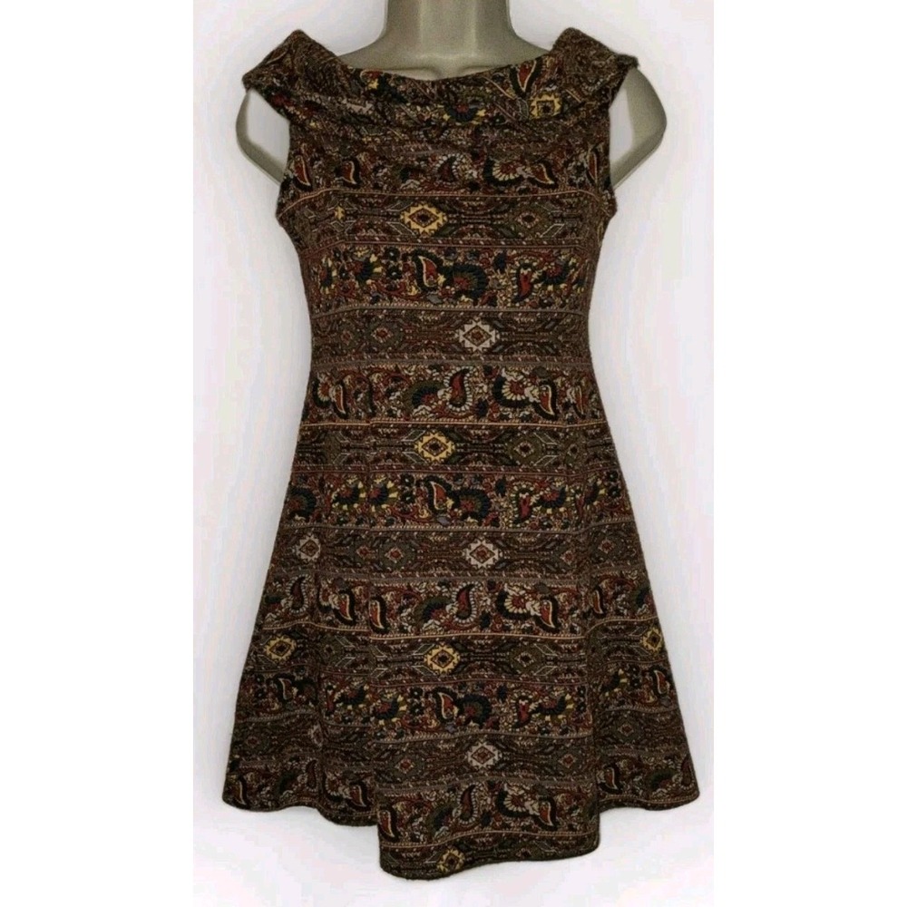 Zara Women's Size S Paisley Aztec Tapesty Mini Party Dress Boat Neck Stretchy